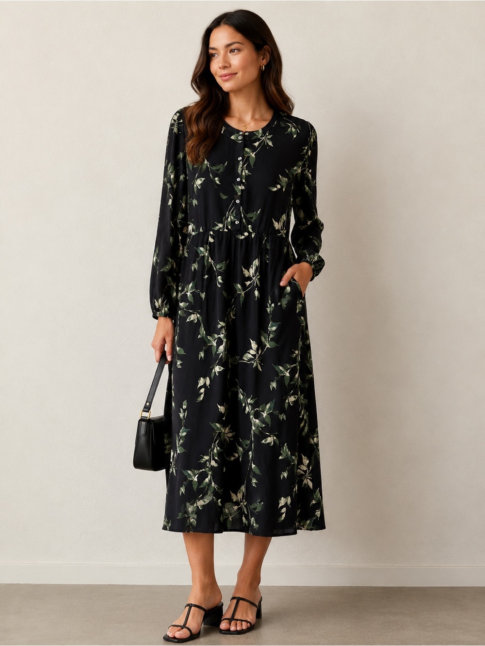 Black Floral Midi Dress with Green Leaf Print